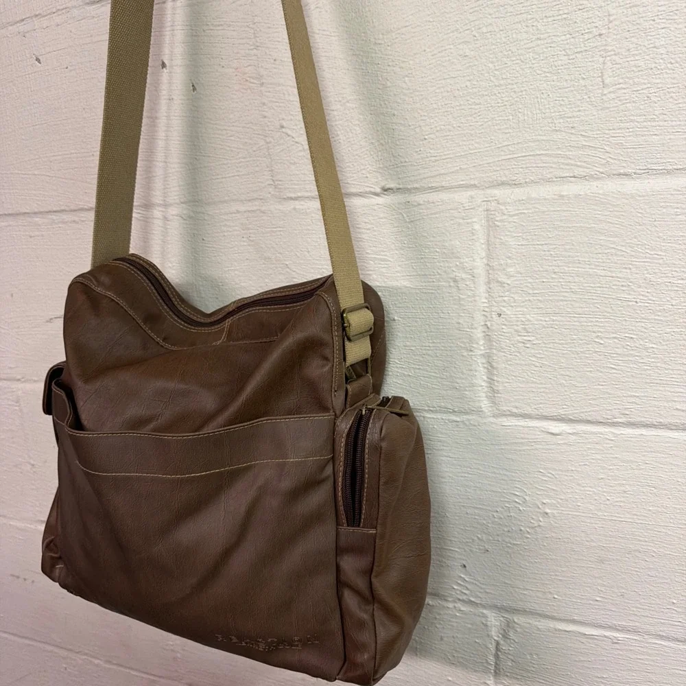 VTG Kenneth Cole Reaction Brown Faux Leather Crossbody Messenger Bag MultiPocket